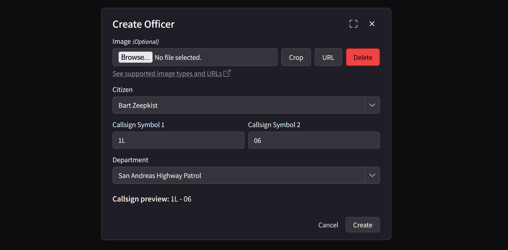 Showcase of the Create Officer form